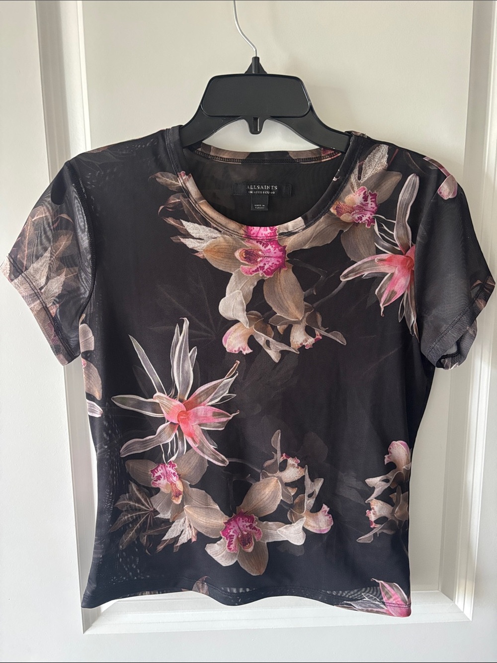 All Saints Black Floral Mesh Short Sleeve Tee with Pink Accents